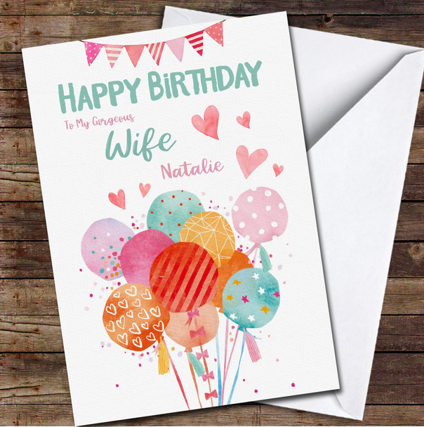 Wife Watercolour Balloons Pink Teal Orange Hearts Personalised Birthday Card