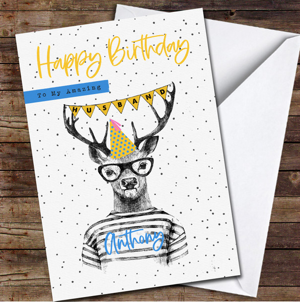 Husband Birthday Hipster Deer With Yellow Bunting Personalised Birthday Card