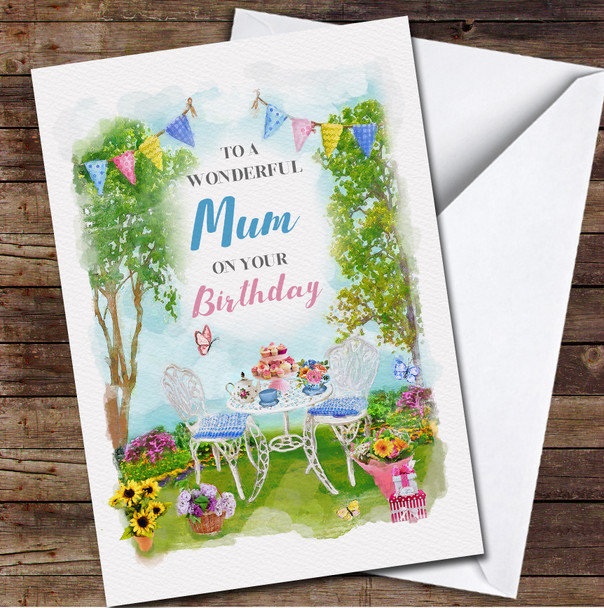 Mum Birthday Garden Afternoon Tea Flowers Painted Personalised Birthday Card