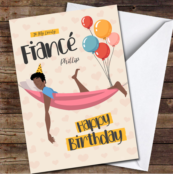 Fiancé Dark Skin Curly Hair Smiling Man Lying In Hammock Card Birthday Card