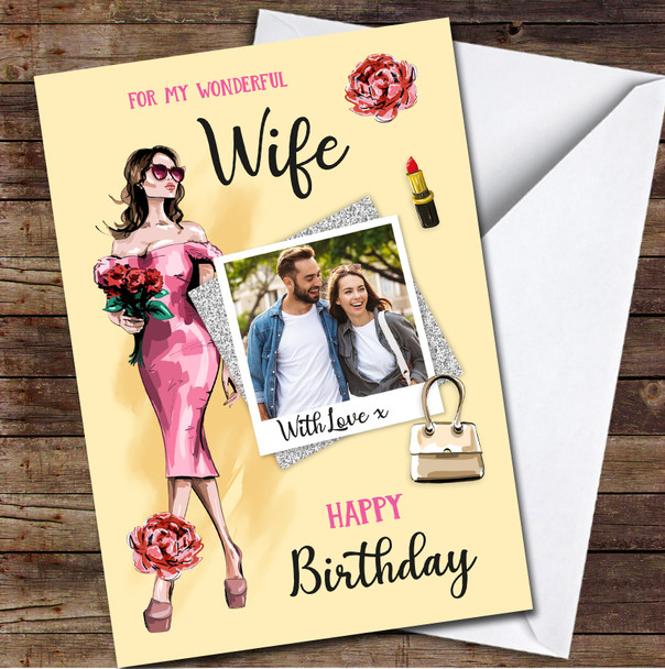 Wife Dress Glam Beauty Pink Yellow Photo Glitter Personalised Birthday Card