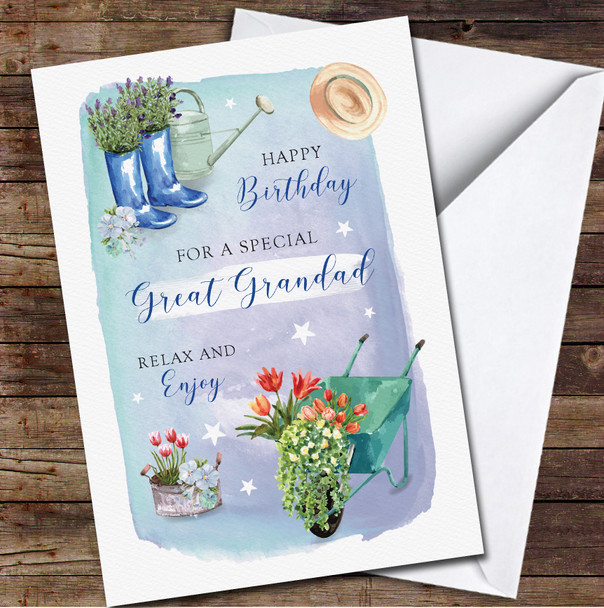 Great Grandad Garden Flowers Floral Wellies Blue Personalised Birthday Card