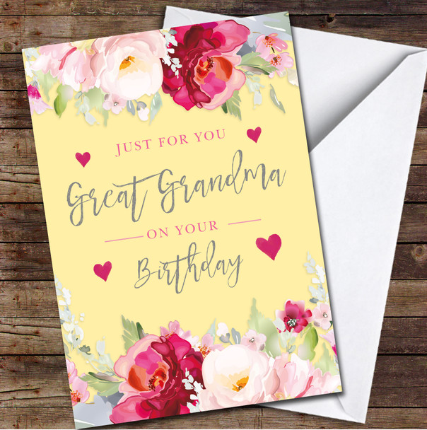 Great Grandma Flowers Pink & Yellow Floral Frame Personalised Birthday Card