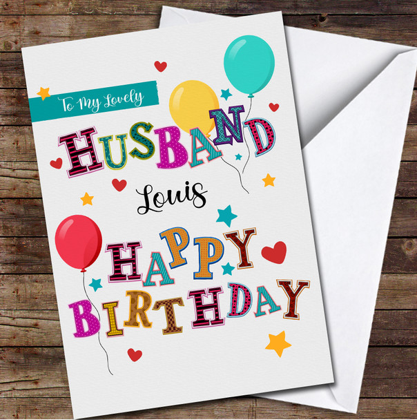 Husband White Background Funky Colourful Letters Personalised Birthday Card