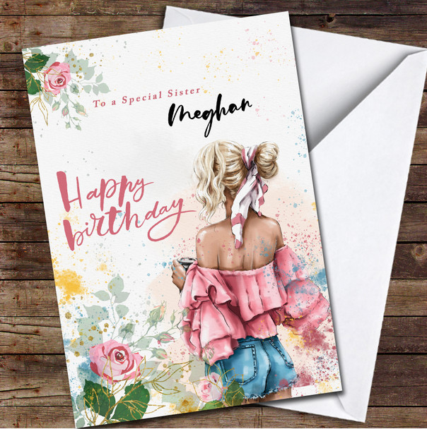 Pink Special Sister Stylish Girl In Jeans Shorts Personalised Birthday Card