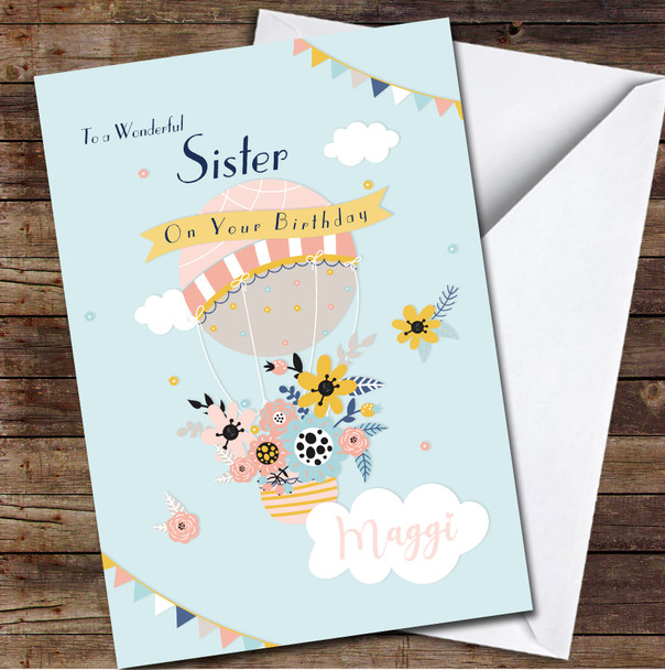 Sister Hot Air Balloon Flowers Blue Peach Yellow Personalised Birthday Card