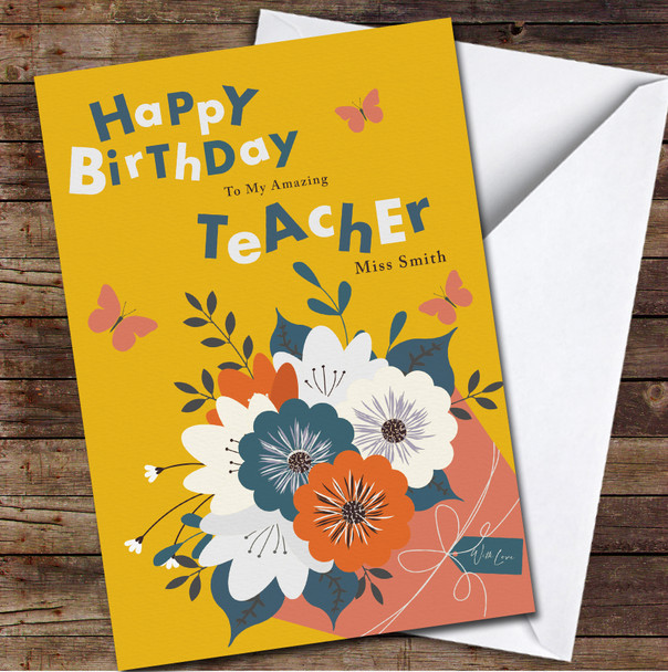 Teacher Bouquet Of Flowers With Butterflies Card Personalised Birthday Card