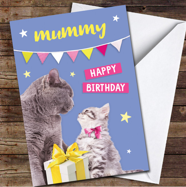 Mummy Happy Birthday Cat Kitten Cute Purple Pink Personalised Birthday Card