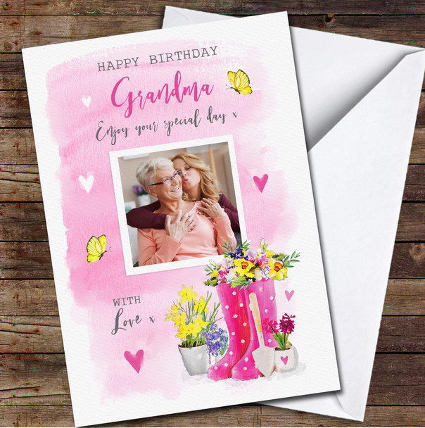 Grandma Garden Wellies Shoes Flowers Pink Photo Personalised Birthday Card