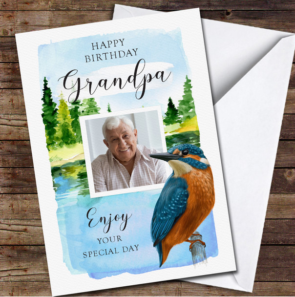 Grandpa Landscape Kingfisher Bird Painted Photo Personalised Birthday Card