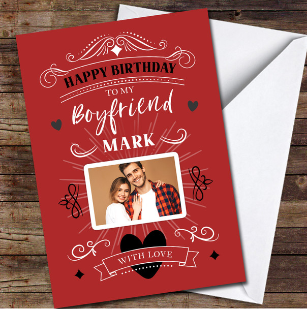 Boyfriend Birthday Text Typo Red Photo Hearts Personalised Birthday Card