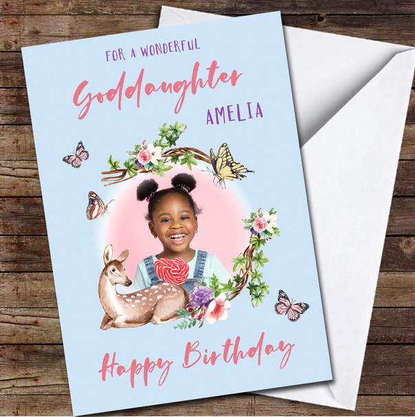 Goddaughter Girl Deer Butterfly Photo Frame Blue Pink Personalised Birthday Card