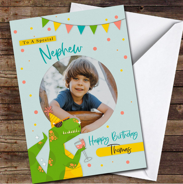 Special Nephew Funny Dinosaur Drinking Cocktail Photo Personalised Birthday Card