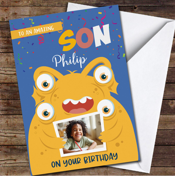 Amazing Son Birthday Funny Yellow Monster Photo Frame Personalised Birthday Card
