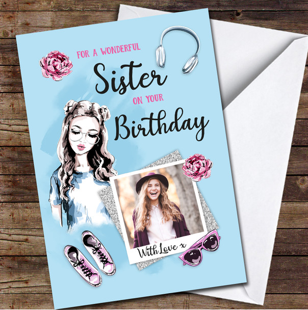 Sister Birthday Girl Pretty Beauty Blue Photo Female Personalised Birthday Card