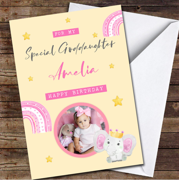 Goddaughter Pink Yellow Cute Elephant Rainbow Photo Personalised Birthday Card