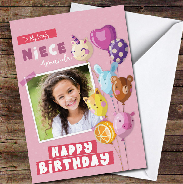 Lovely Niece Pink Cute Animals Balloons Photo Frame Personalised Birthday Card