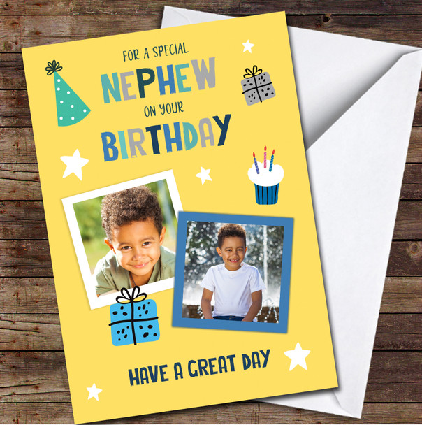 Nephew Yellow Photo Playful Illustrations Gift Cake Personalised Birthday Card