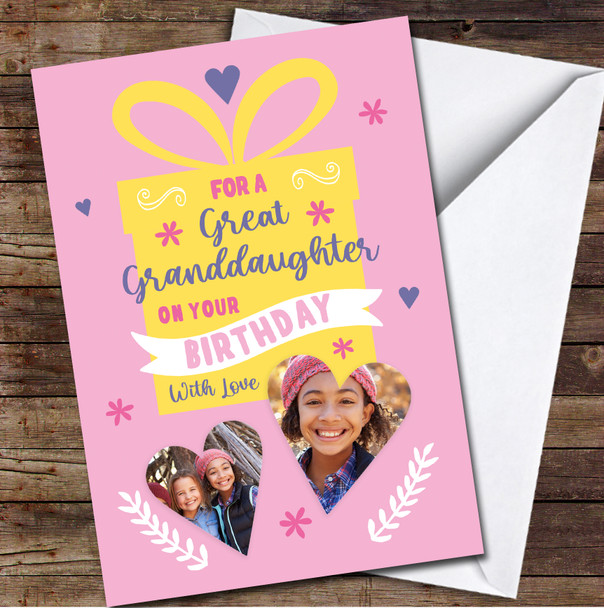 Great Granddaughter Yellow Pink Gift Heart Photos Personalised Birthday Card