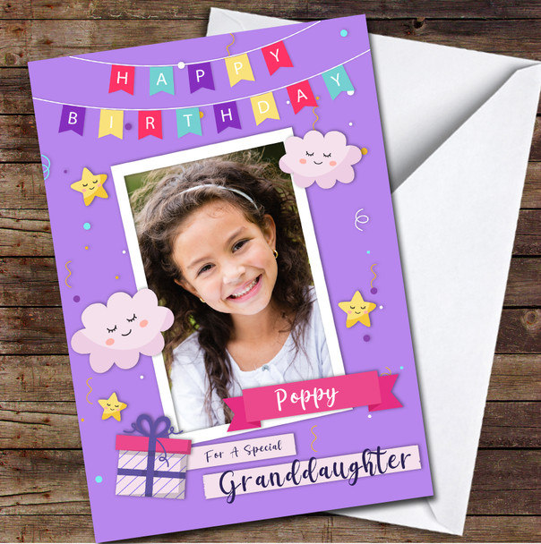 Granddaughter Purple Photo Frame Clouds Stars Personalised Birthday Card