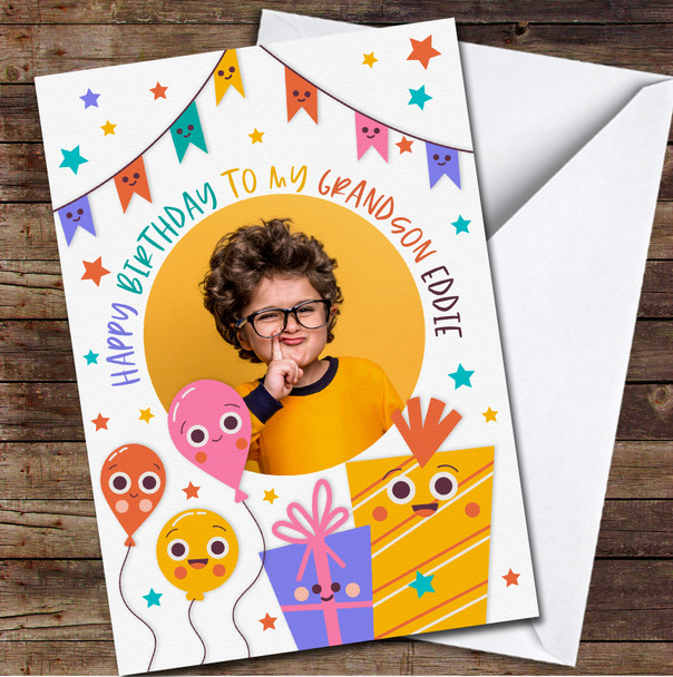Grandson Balloons Yellow Presents Photo Frame Personalised Birthday Card