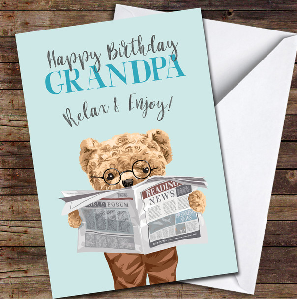 Grandpa Bear Newspaper Reading Relax Enjoy Blue Personalised Birthday Card