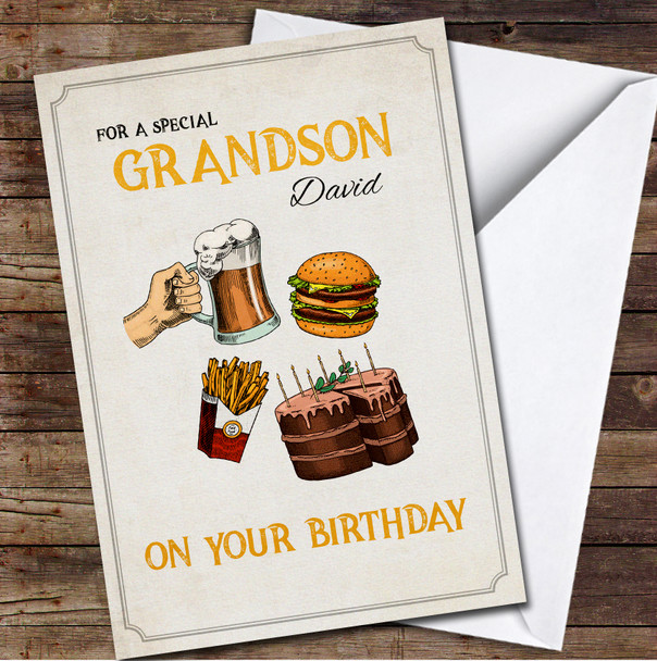 Grandson Retro Style Burger Beer Fries And Cake Personalised Birthday Card