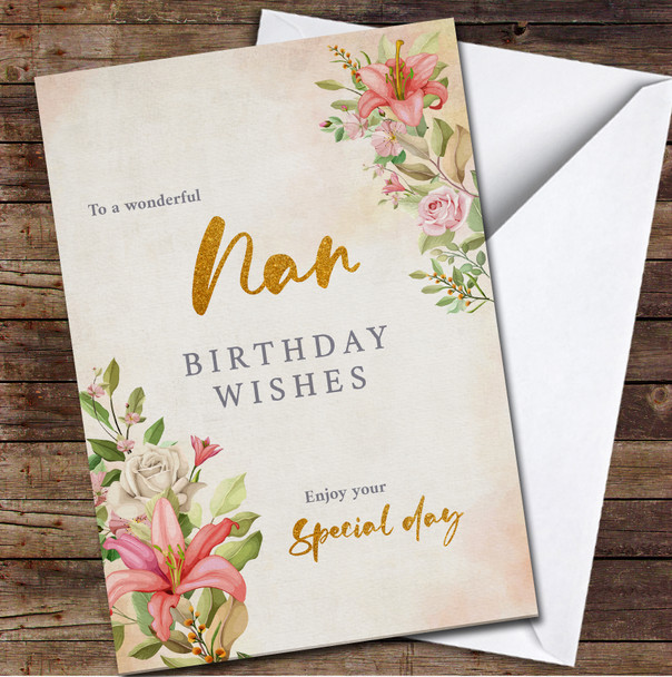 Vintage Style Flowers Wonderful Nan Gold Wishes Personalised Birthday Card