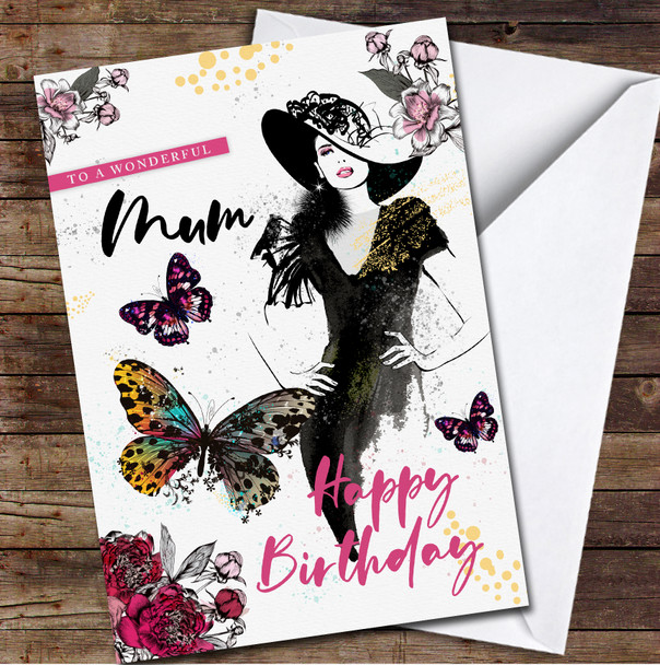 Wonderful Mum Pink Yellow Flowers & Butterflies Personalised Birthday Card