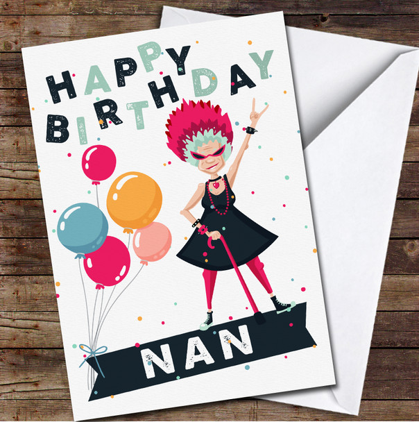 Cool Rock Nan Happy Birthday Balloons Polka Dot Personalised Birthday Card
