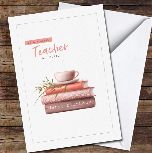 Teacher Birthday Watercolour Books And Cup Card Personalised Birthday Card