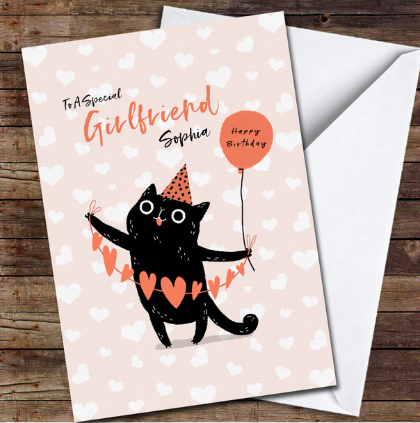 Girlfriend Cute Black Cat Holding Balloon Card Personalised Birthday Card