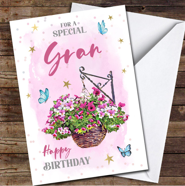 Gran Pretty Pink Flower Hanging Basket Painted Personalised Birthday Card