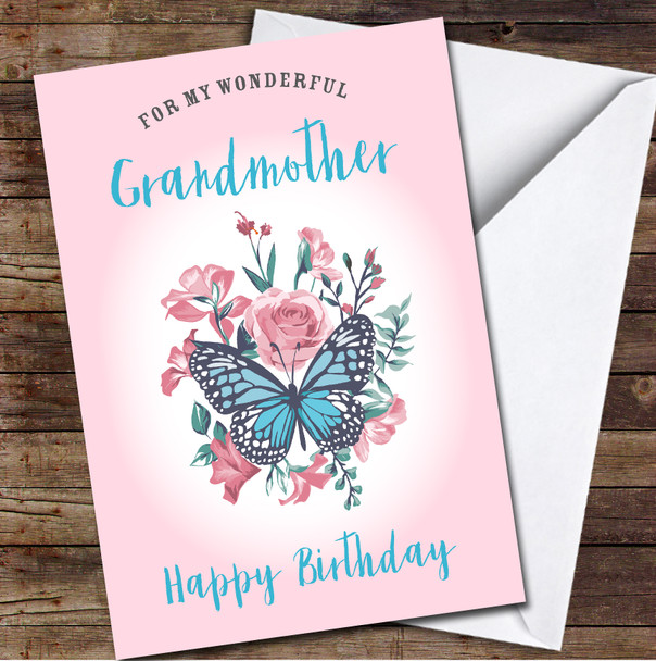 Grandmother Butterfly Flowers Floral Pink Blue Personalised Birthday Card