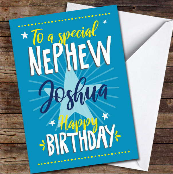 Nephew Happy Text Star Typographic Blue Yellow Personalised Birthday Card