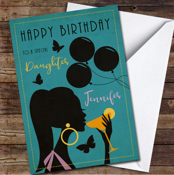 Special Daughter Retro Girl With Cocktail Teal Personalised Birthday Card