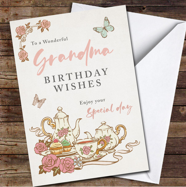 Vintage Style Tea Set Wonderful Grandma Wishes Personalised Birthday Card