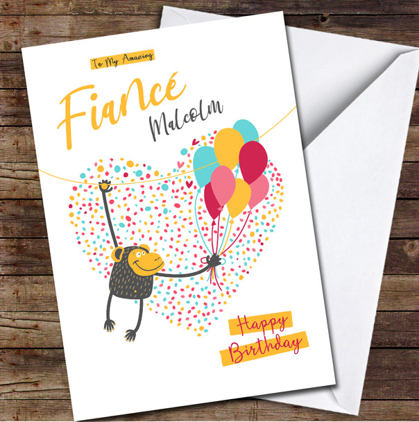 Fiancé Birthday Funny Monkey With Balloon Card Personalised Birthday Card