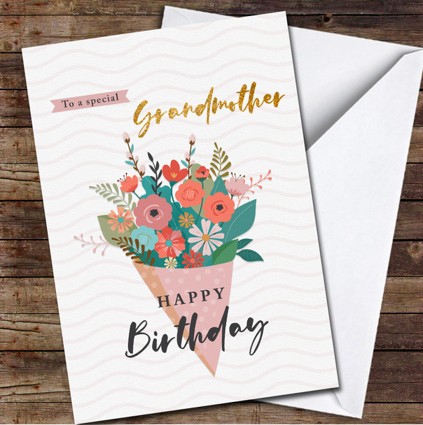 Flower Bouquet Wrapped Pink Paper Special Gold Grandmother Birthday Card