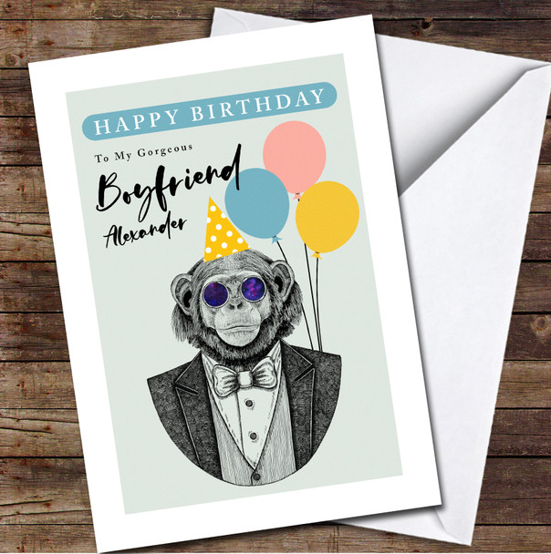 Boyfriend Hipster Monkey Balloons Blue Yellow Personalised Birthday Card