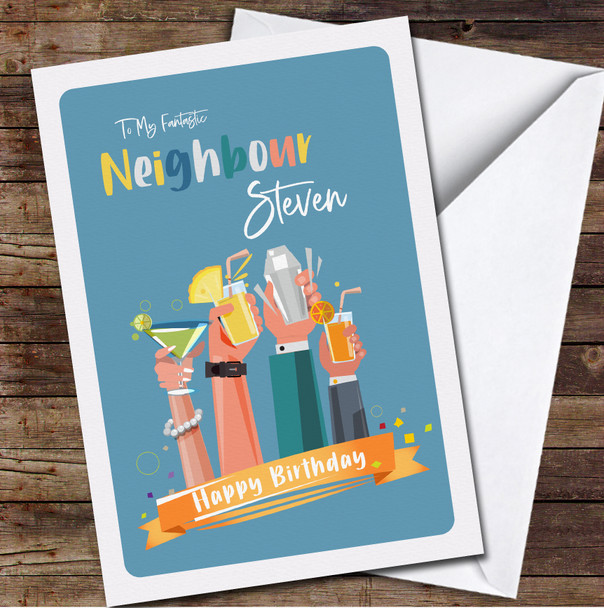 Neighbour Hands Holding Cocktail Glasses Card Personalised Birthday Card