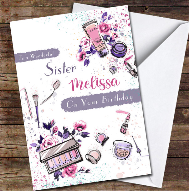 Sister Purple Pink Watercolour Makeup Flowers Personalised Birthday Card