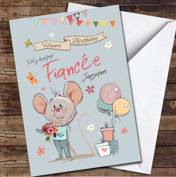 Fiancée Birthday Cute Mouse With Flowers Card Personalised Birthday Card