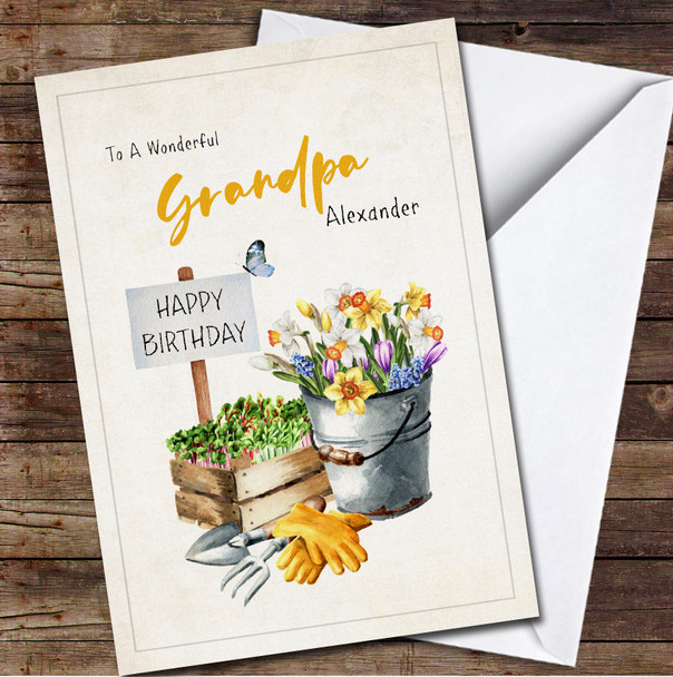 Grandpa Watercolour Flowers Sprouts And Garden Tools Card Birthday Card