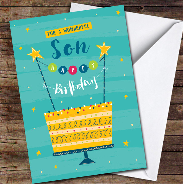 Son Cake Illustration Teal Fun Bright Happy Personalised Birthday Card