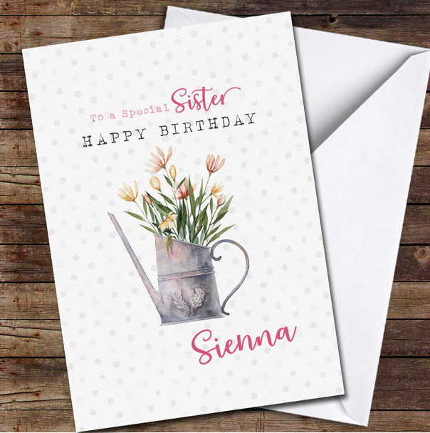 Sister Pink Watercolour Floral Bouquet In Watering Can Birthday Card