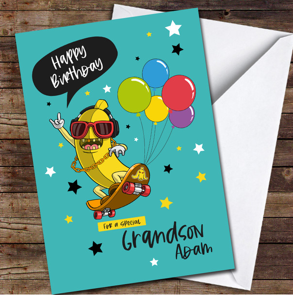 Special Grandson Funny Banana Skater Rainbow Balloons Personalised Birthday Card