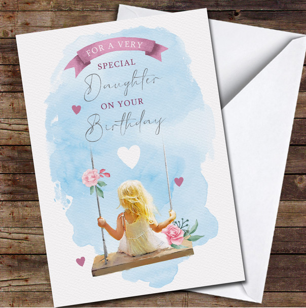 Daughter Young Blonde Child Girl Swing Painted Cute Personalised Birthday Card