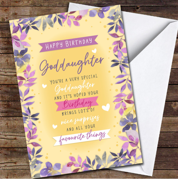 Goddaughter Text Flowers Floral Frame Purple Orange Personalised Birthday Card