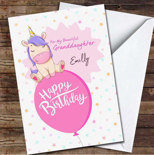 Granddaughter Unicorn Sitting On Balloon Pink Stars Personalised Birthday Card